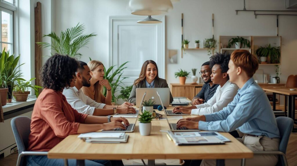 Team werkt samen aan laptops aan een grote tafel