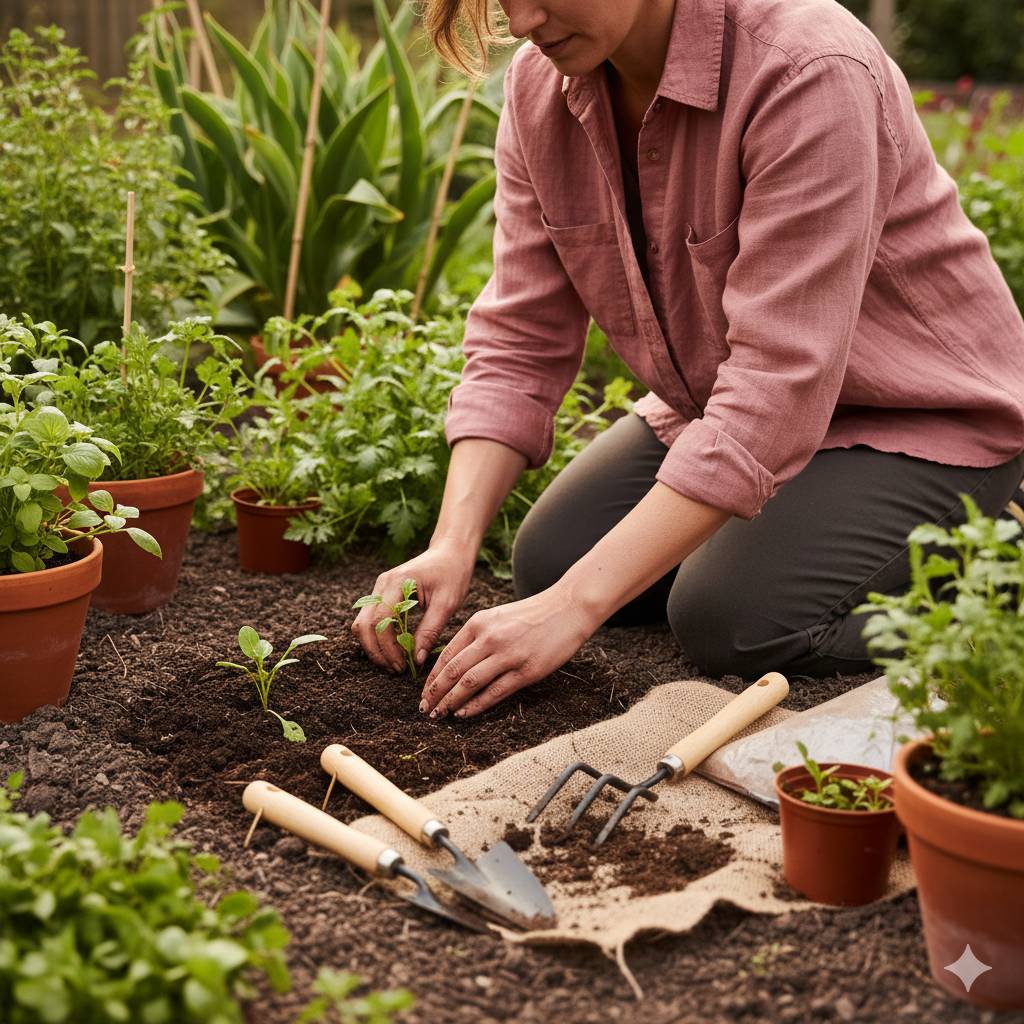 Tuinieren - jonge planten worden in de aarde gezet.