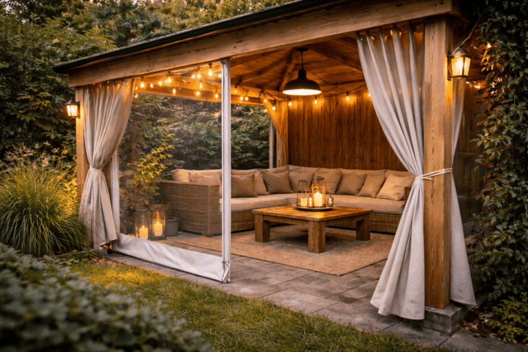 Gordijnen en zijwanden voor een prieel