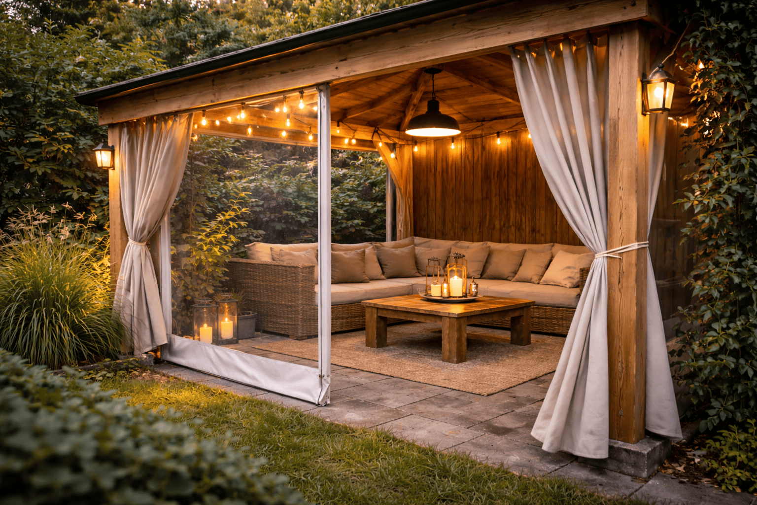 Gordijnen en zijwanden voor een prieel