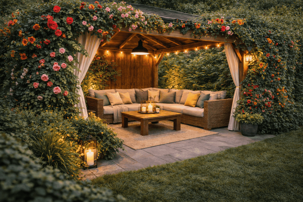 Snelgroeiende klimplanten voor privacy rond een prieel