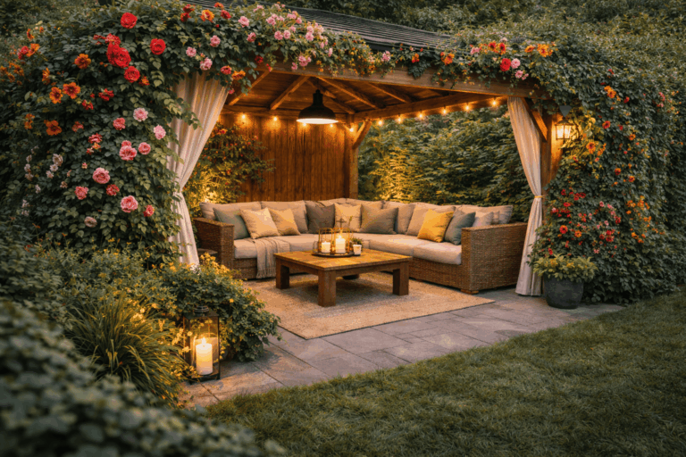 Snelgroeiende klimplanten voor privacy rond een prieel